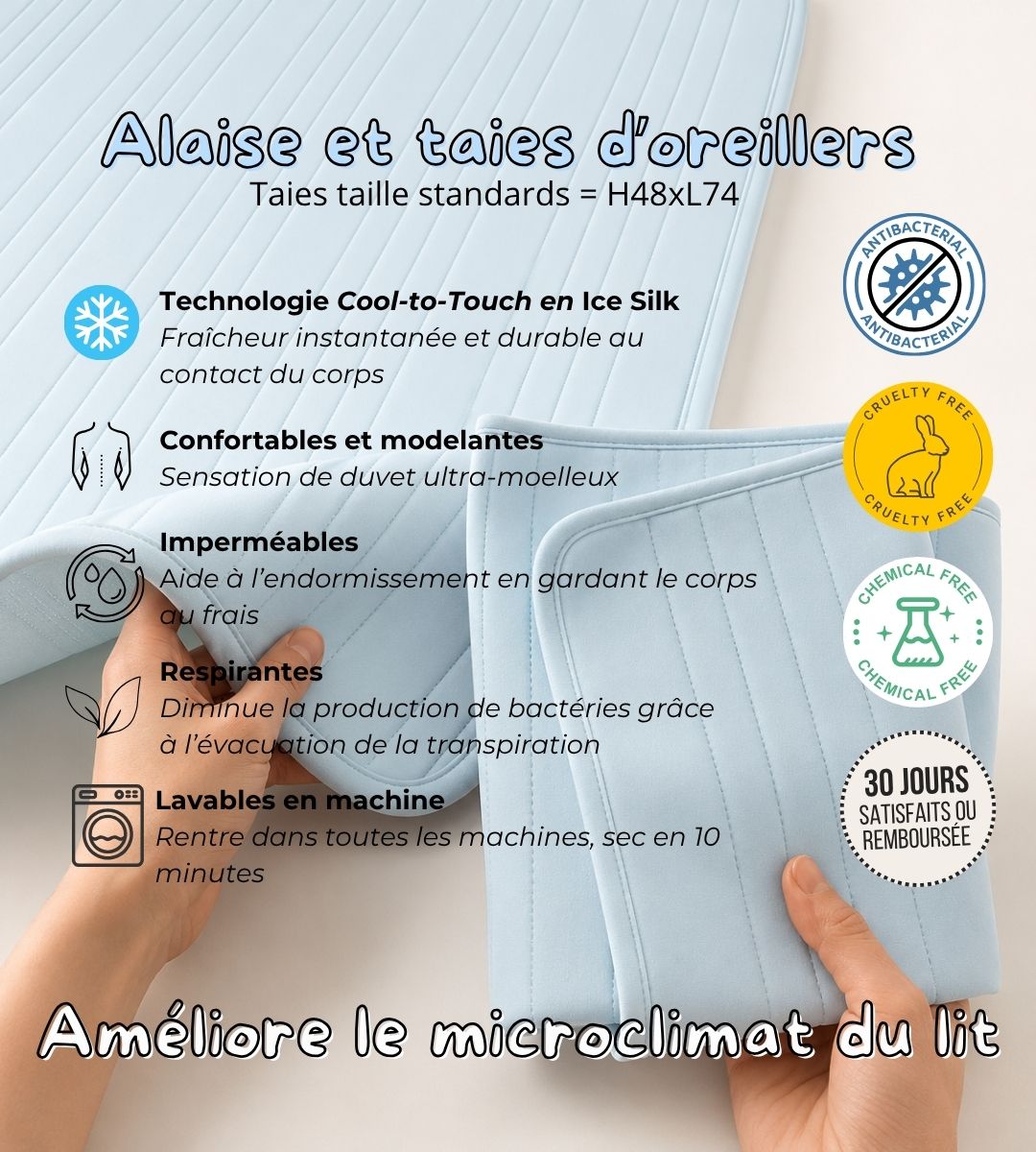 Ensemble alaise et taies d'oreillers rafraîchissantes anti-bactériennes imperméables